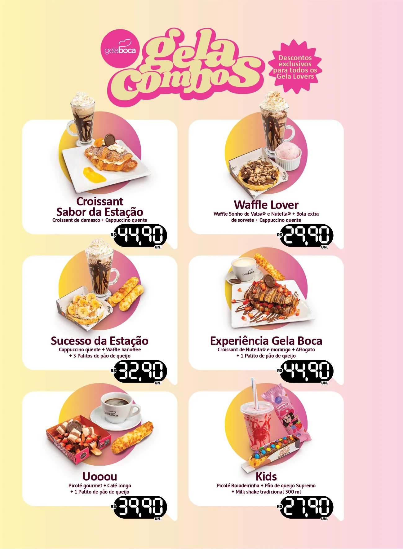 Gela Combos: combos com desconto para Gela Lovers com croissant, waffle, café, picolé e milk shake