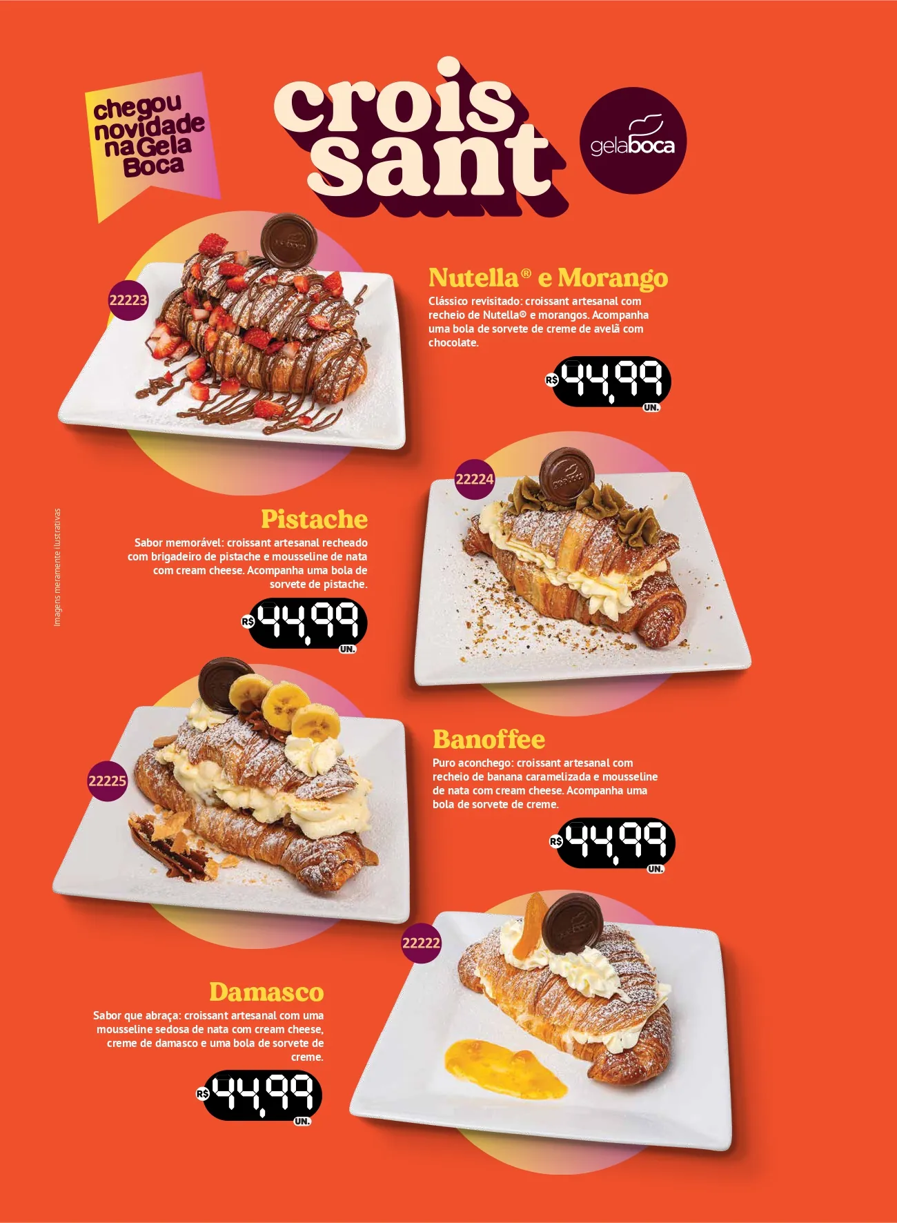 Croissants artesanais nos sabores Nutella e morango, pistache, banoffee e damasco
