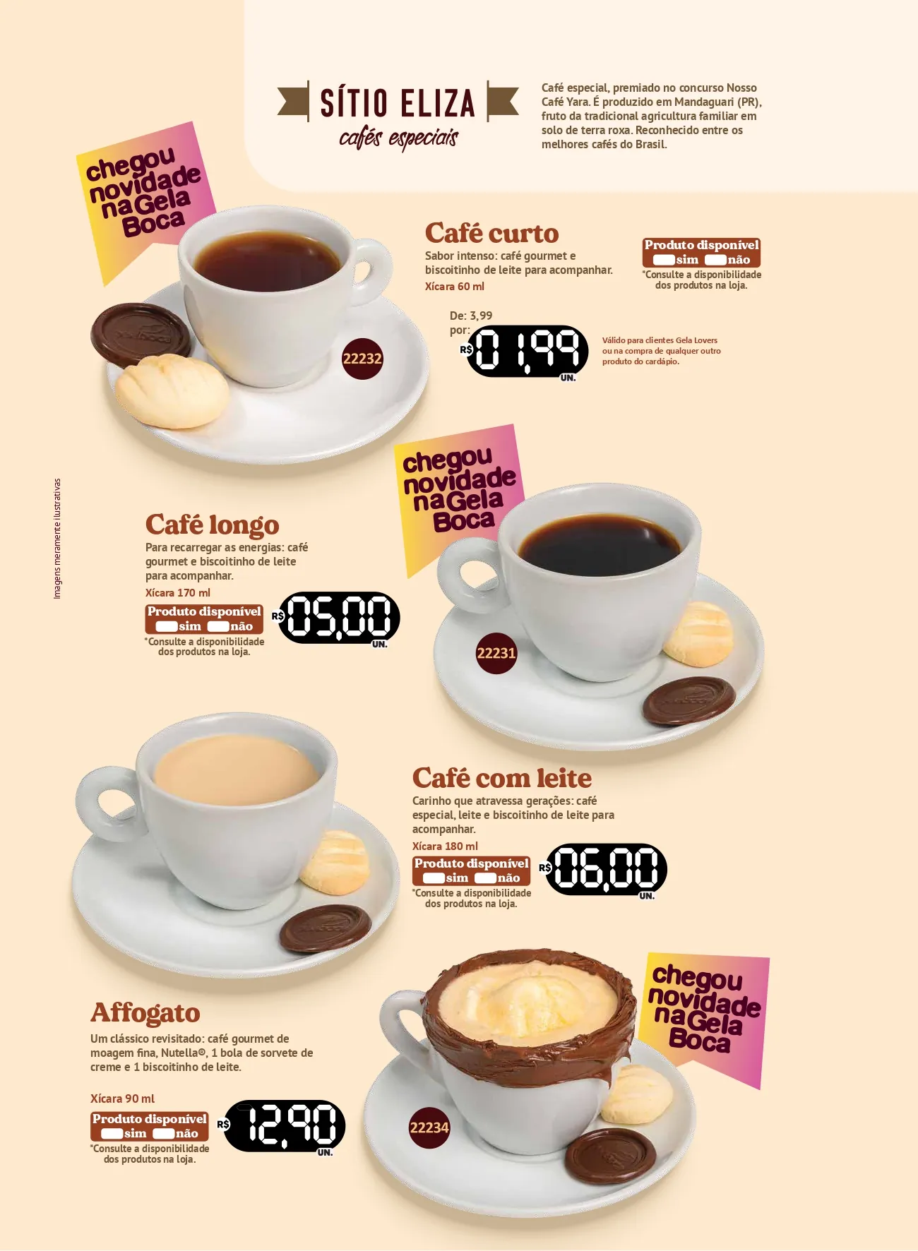 Cafés especiais Sítio Eliza: café curto, café longo, café com leite e affogato