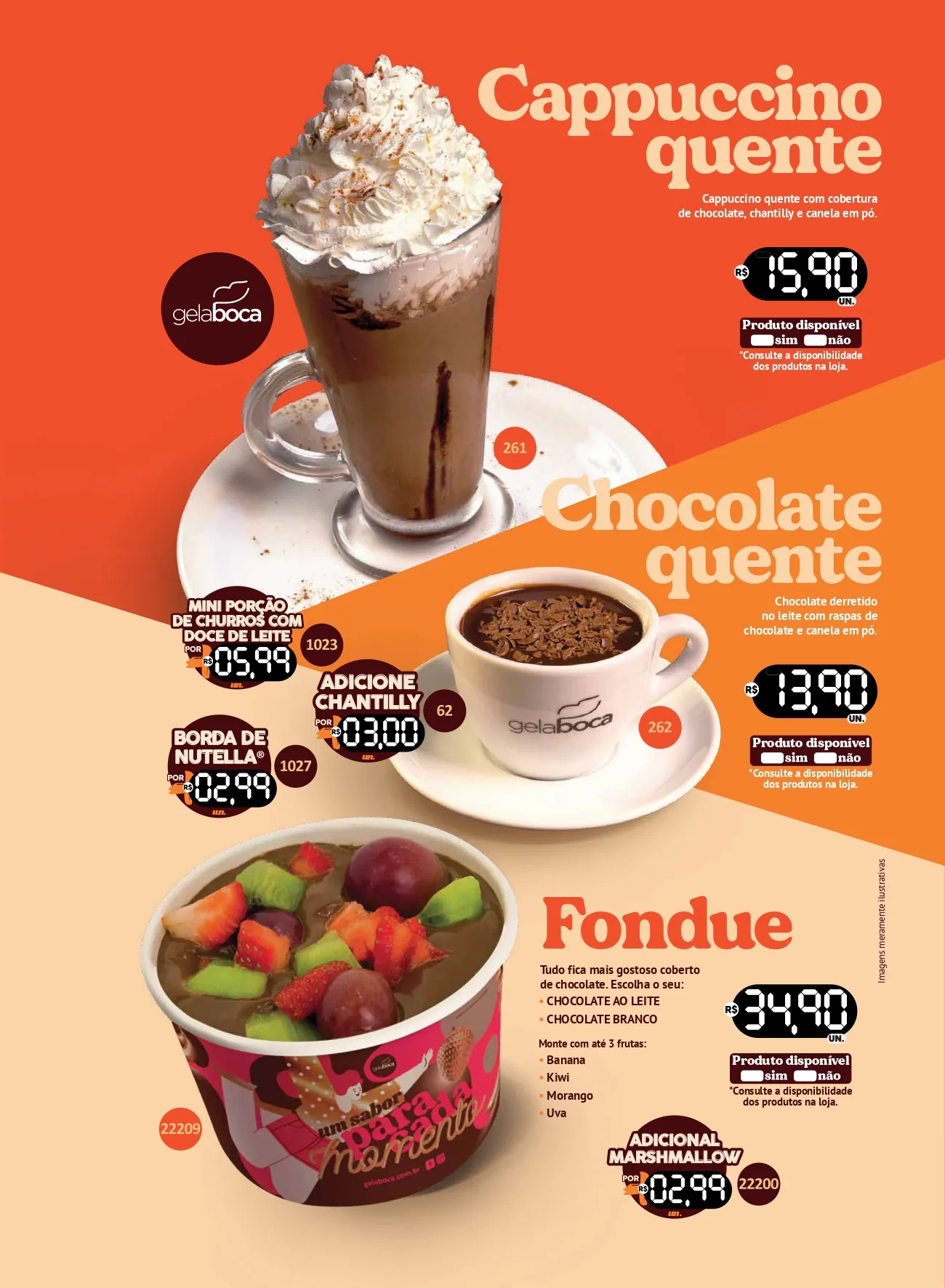 Cappuccino quente, chocolate quente e fondue de chocolate com frutas