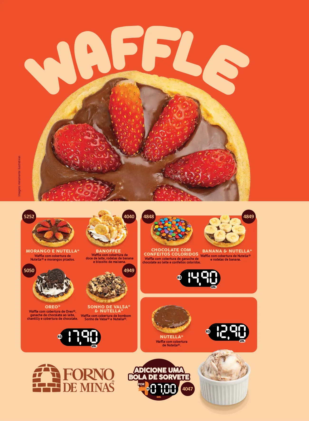Waffles Forno de Minas: morango e Nutella, banoffee, oreo, sonho de valsa e mais