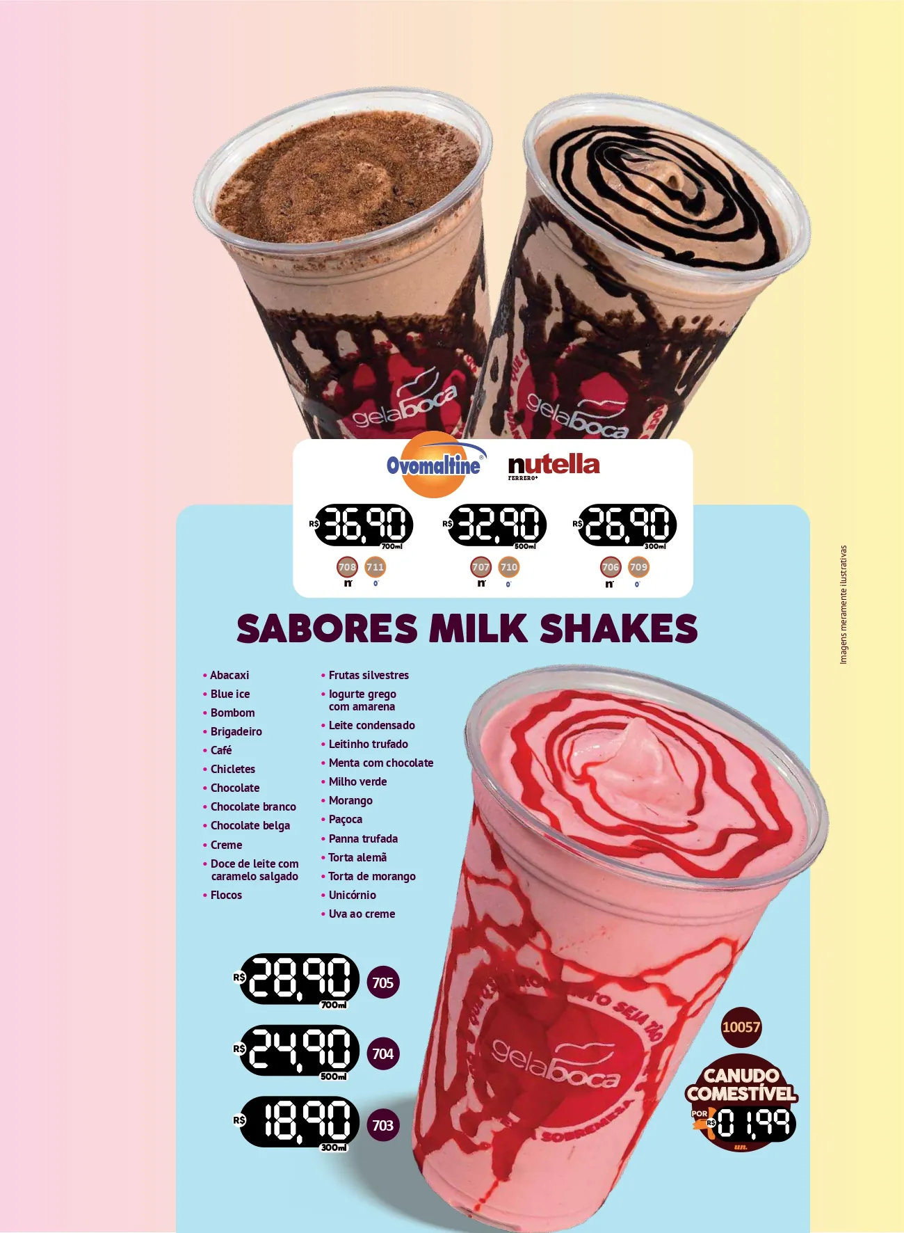 Milk shakes tradicionais, Ovomaltine e Nutella com a lista completa de sabores