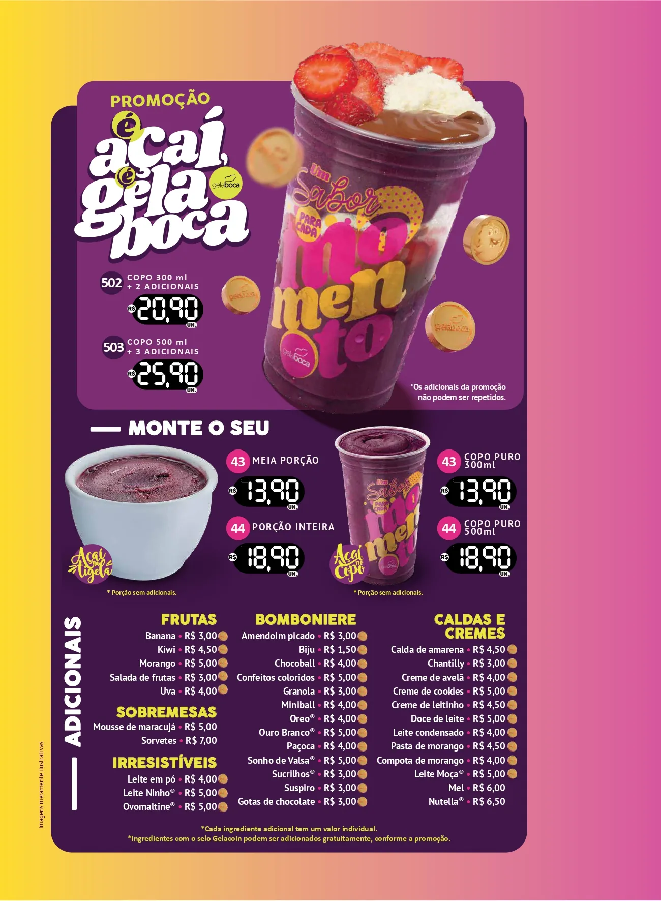 Açaí: promoção, monte o seu e lista de adicionais